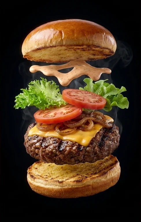 An exploded view of toasted brioche, sauce, fresh lettuce, tomatoes, cheddar and a grilled beef patty